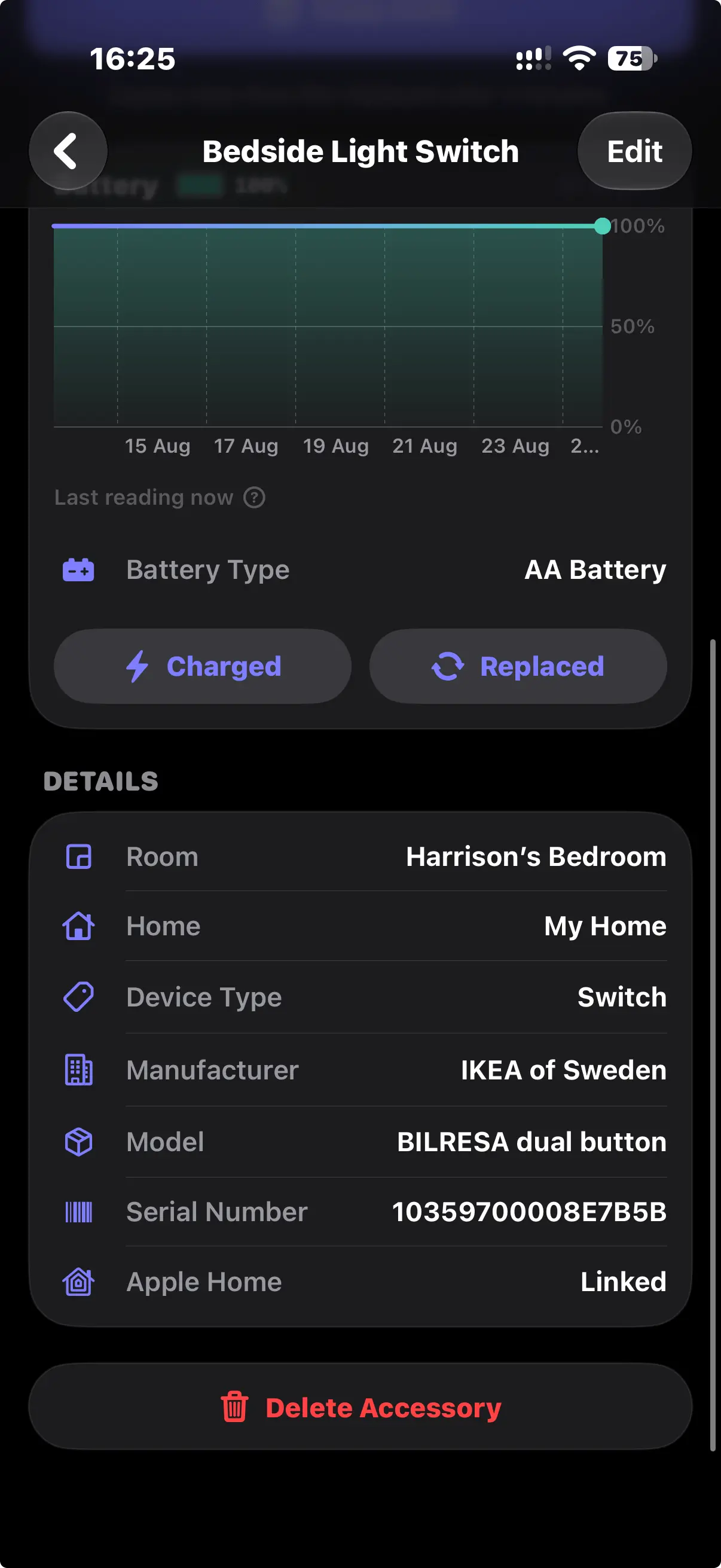 Battery levels for every accessory, with a history chart.