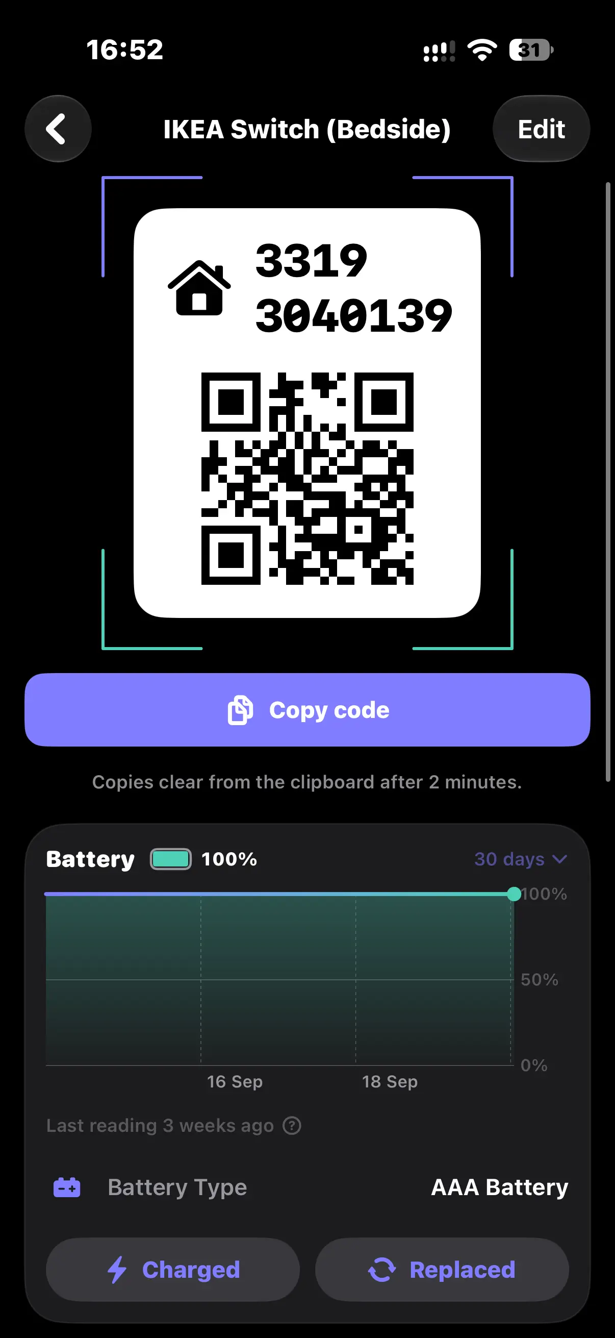 The accessory screen: the setup code as printed, a rebuilt QR code ready to scan, and a Copy code button.