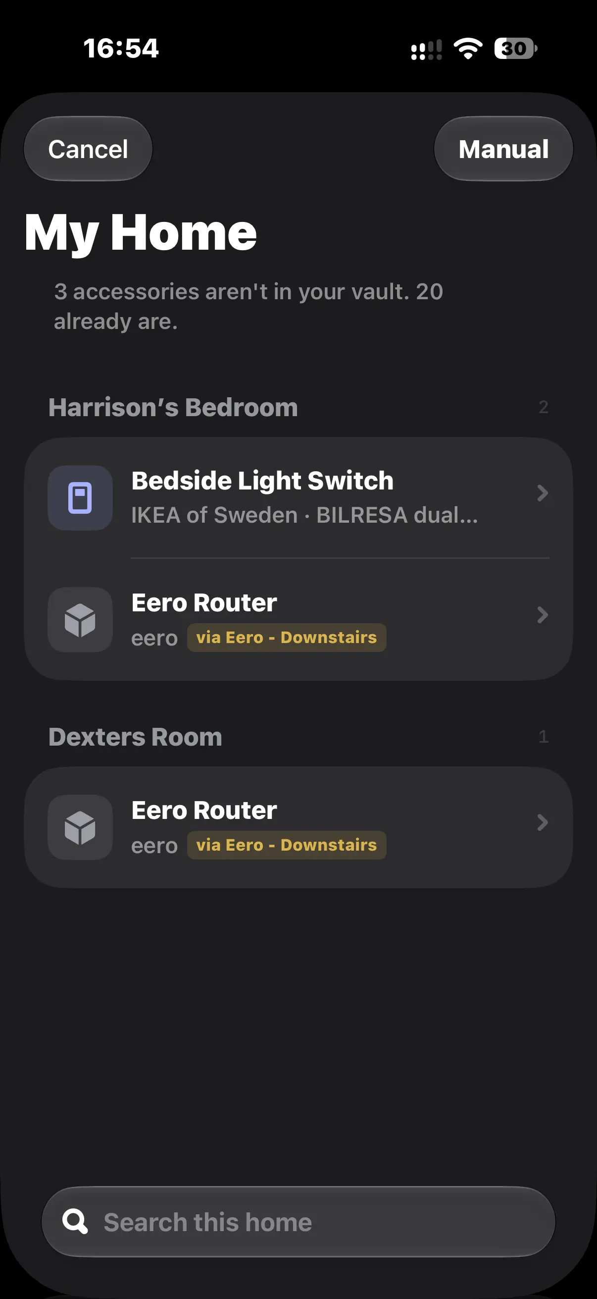 Importing from Apple Home: the accessories not yet in the vault, grouped by room, including two bridged through an Eero router.